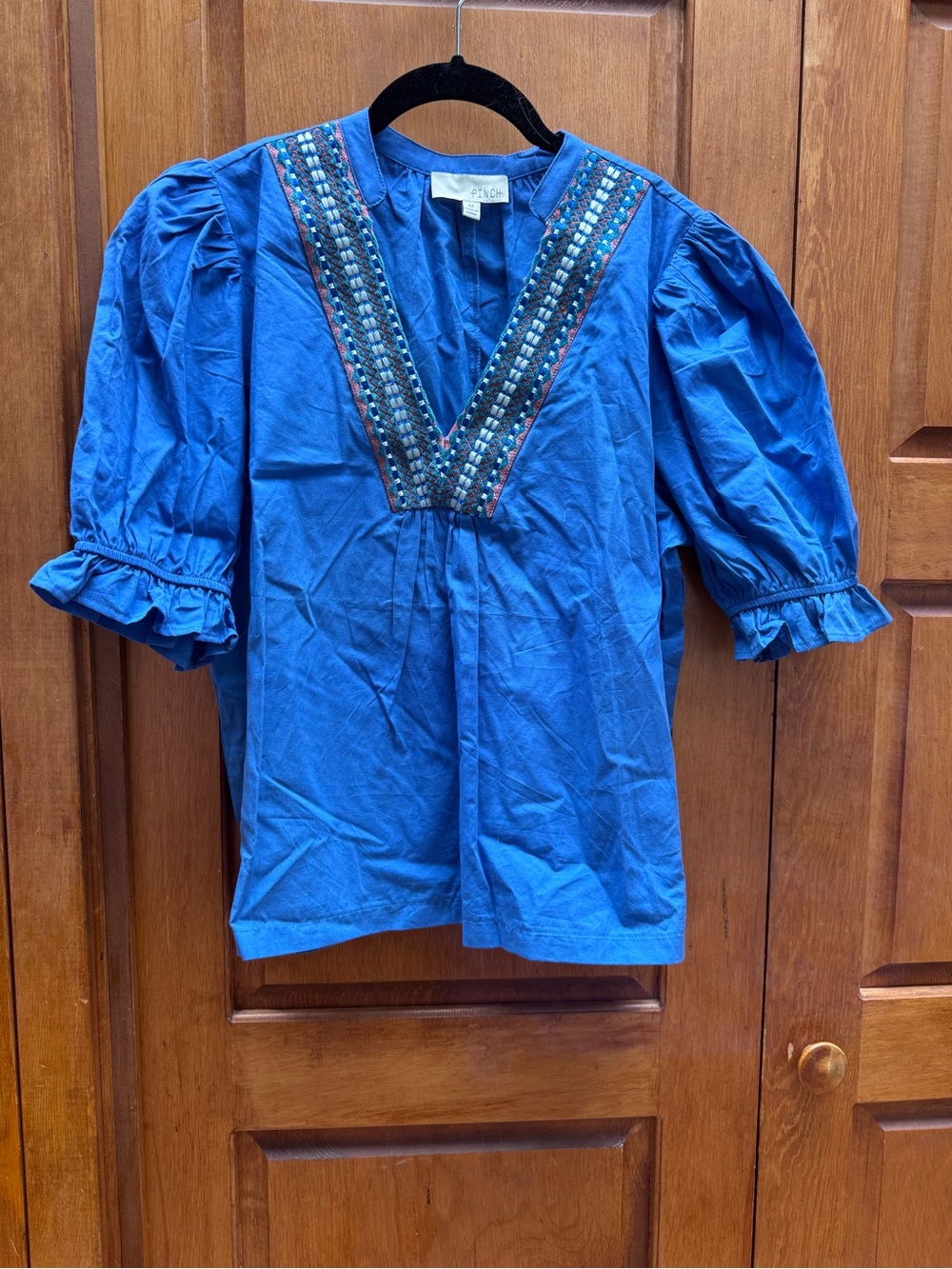 Pinch Cobalt Blue V-Neck Puff Sleeve Top with Embroidered Trim